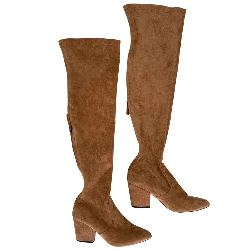 Tan Vegan Suede Over The Knee Boots EU 42‎ US 11 Block Heel Thigh High Boho Chic